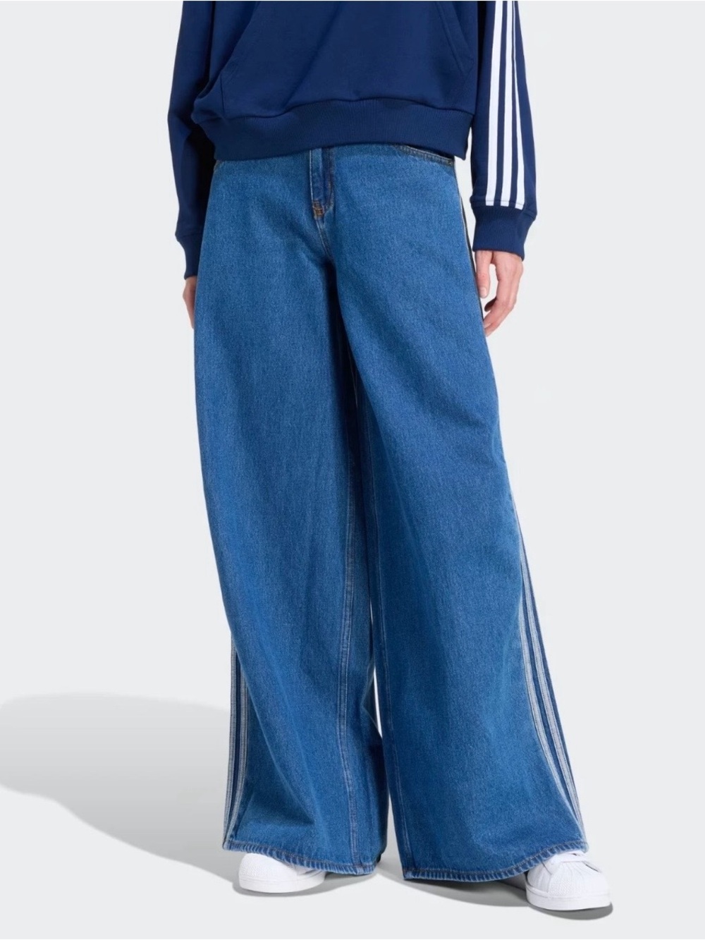 Adidas Firebird Track Pants Womens Medium Loose Blue Denim Wide Leg NEW 28x30